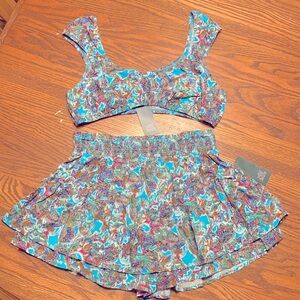 Blue Paisley Bralette Mini Skirt Set
